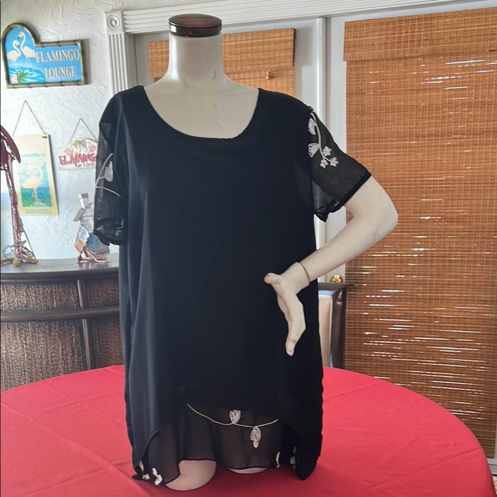 Black Sheer Top with Floral Embroidery